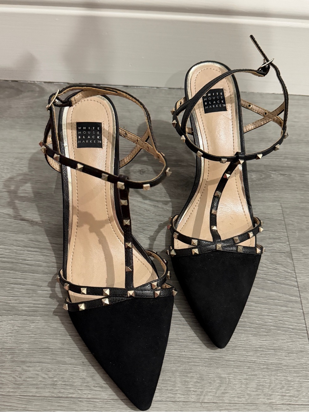 White House Black Market Black Pointed Studded Ankle-Strap Heels